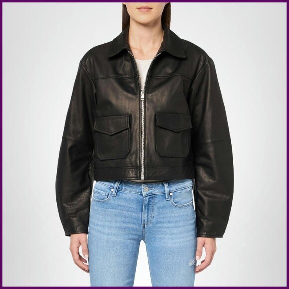 Genuine Leather Jacket with Patch Pockets and Barrel Sleeves
